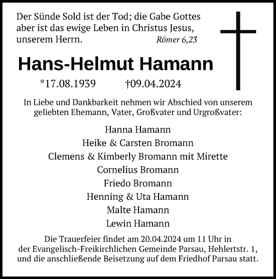 Traueranzeige von Hans-Helmut Hamann von Aller Zeitung