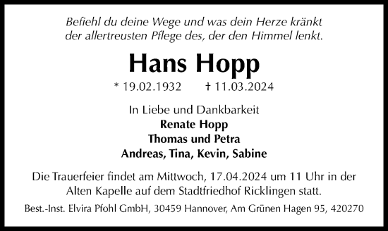 Traueranzeige von Hans Hopp von Hannoversche Allgemeine Zeitung/Neue Presse