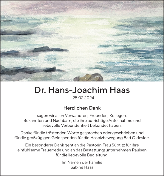 Traueranzeige von Hans-Joachim Haas von Lübecker Nachrichten