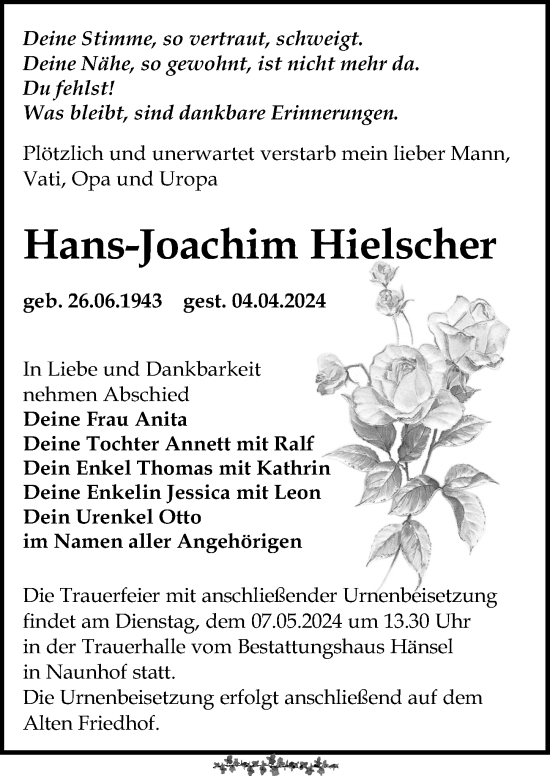 Traueranzeige von Hans-Joachim Hielscher von Leipziger Volkszeitung