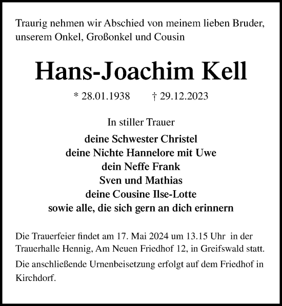 Traueranzeige von Hans-Joachim Kell von Ostsee-Zeitung GmbH