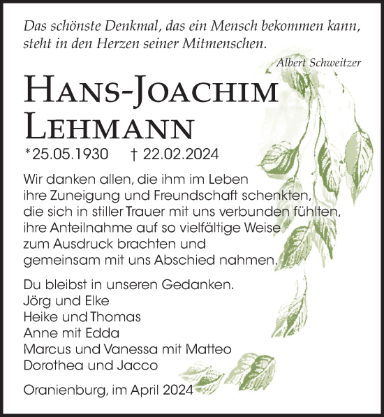 Traueranzeige von Hans-Joachim Lehmann von Märkischen Allgemeine Zeitung