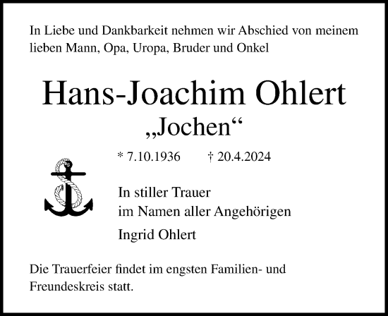 Traueranzeige von Hans-Joachim Ohlert von Ostsee-Zeitung GmbH