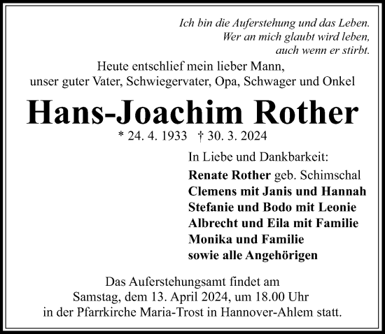 Traueranzeigen von Hans-Joachim Rother | trauer-anzeigen.de