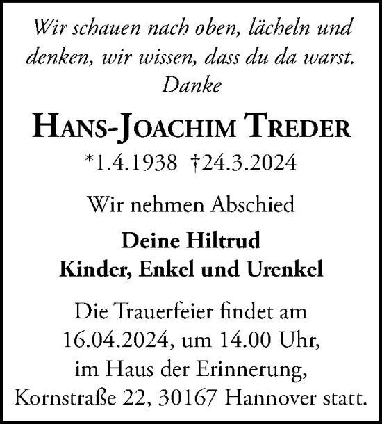 Traueranzeige von Hans-Joachim Treder von Hannoversche Allgemeine Zeitung/Neue Presse