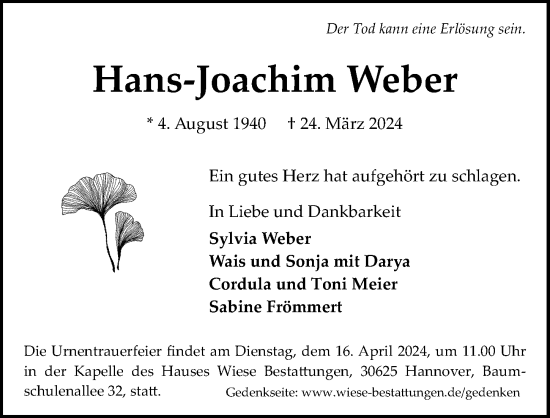 Traueranzeige von Hans-Joachim Weber von Hannoversche Allgemeine Zeitung/Neue Presse