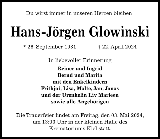 Traueranzeige von Hans-Jörgen Glowinski von Kieler Nachrichten