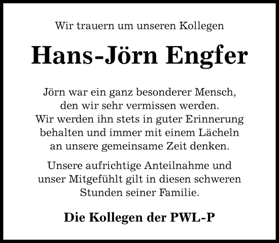 Traueranzeige von Hans-Jörn Engfer von Aller Zeitung