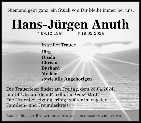 Traueranzeige von Hans-Jürgen Anuth von Hannoversche Allgemeine Zeitung/Neue Presse