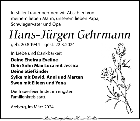Traueranzeige von Hans-Jürgen Gehrmann von Torgauer Zeitung