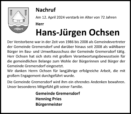 Traueranzeige von Hans-Jürgen Ochsen von Lübecker Nachrichten