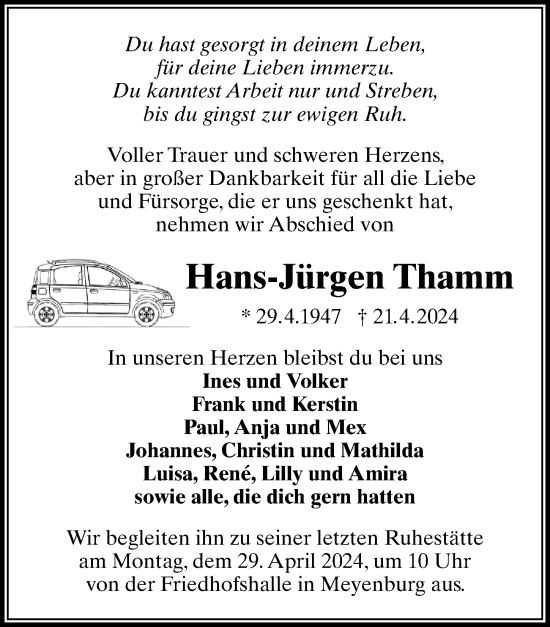 Traueranzeige von Hans-Jürgen Thamm von Wochenspiegel