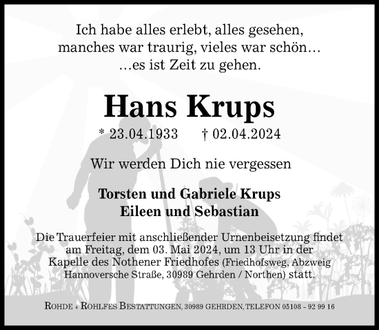 Traueranzeige von Hans Krups von Hannoversche Allgemeine Zeitung/Neue Presse