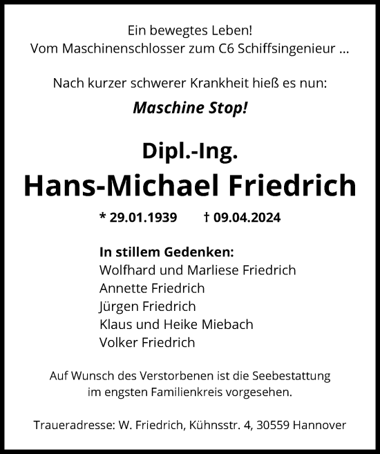 Traueranzeige von Hans-Michael Friedrich von Hannoversche Allgemeine Zeitung/Neue Presse