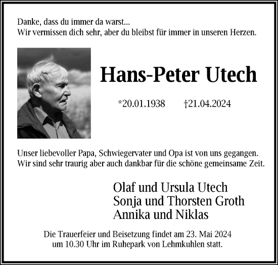 Traueranzeige von Hans-Peter Utech von Kieler Nachrichten