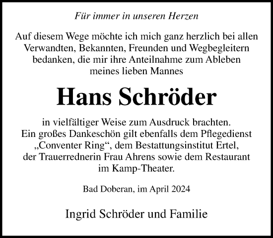 Traueranzeige von Hans Schröder von Ostsee-Zeitung GmbH