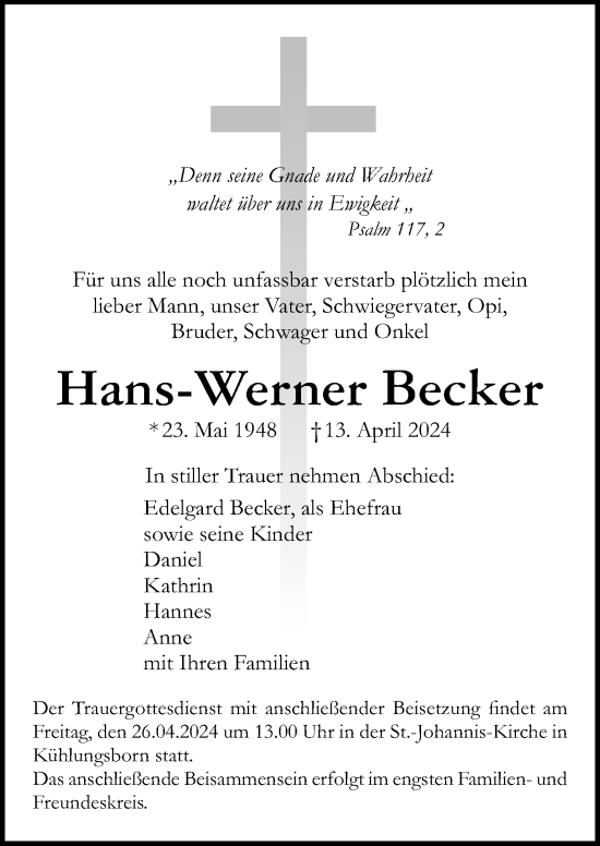 Traueranzeige von Hans-Werner Becker von Ostsee-Zeitung GmbH