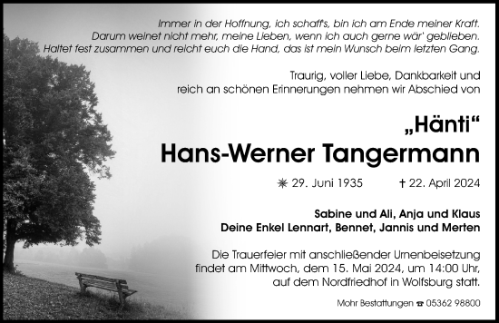Traueranzeige von Hans-Werner Tangermann von Aller Zeitung
