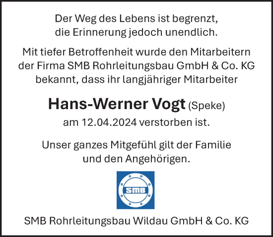 Traueranzeige von Hans-Werner Vogt von Märkischen Allgemeine Zeitung