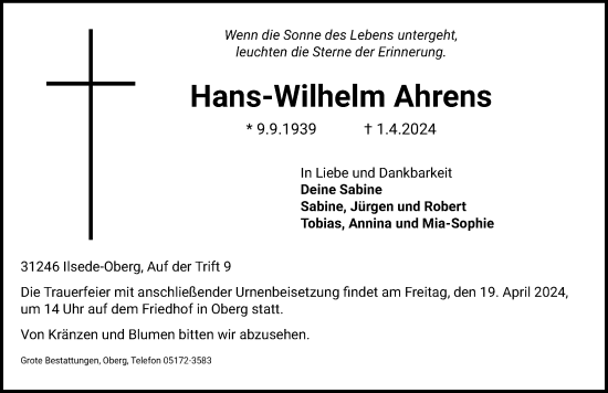 Traueranzeige von Hans-Wilhelm Ahrens von Peiner Allgemeine Zeitung