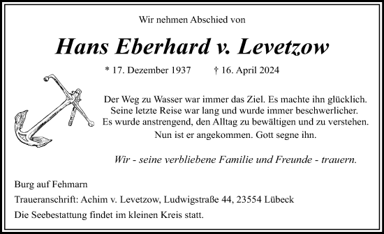 Traueranzeige von Hans Eberhard v. Levetzow von Lübecker Nachrichten