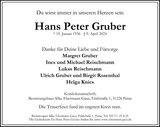 Traueranzeige von Hans Peter Gruber von Peiner Allgemeine Zeitung