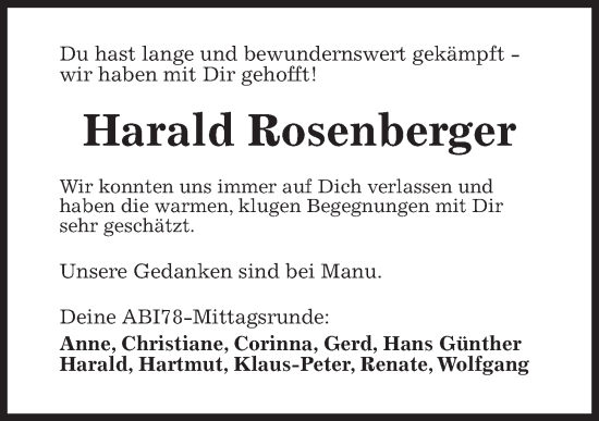 Traueranzeige von Harald Rosenberger von Kieler Nachrichten