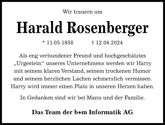 Traueranzeige von Harald Rosenberger von Kieler Nachrichten