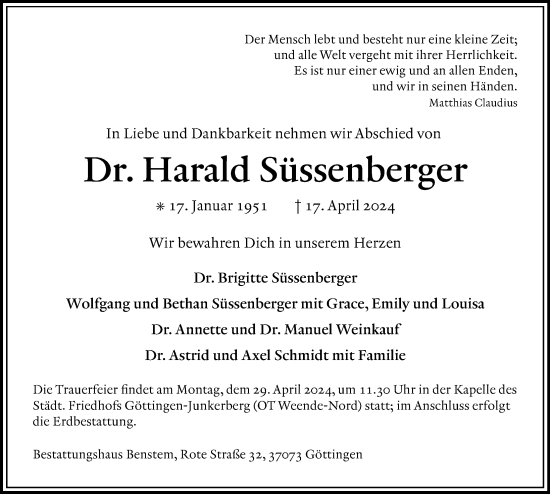Traueranzeige von Harald Süssenberger von Göttinger Tageblatt