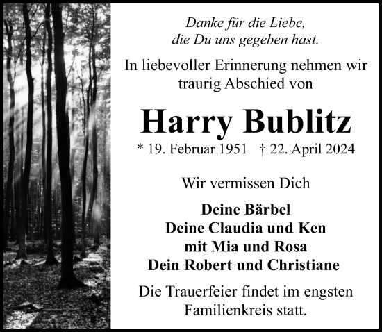 Traueranzeige von Harry Bublitz von Ostsee-Zeitung GmbH