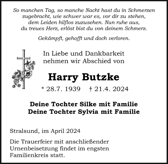 Traueranzeige von Harry Butzke von Ostsee-Zeitung GmbH