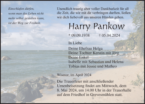 Traueranzeige von Harry Pankow von Ostsee-Zeitung GmbH