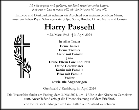 Traueranzeige von Harry Passehl von Ostsee-Zeitung GmbH