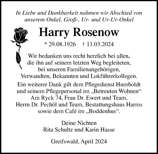 Traueranzeige von Harry Rosenow von Ostsee-Zeitung GmbH