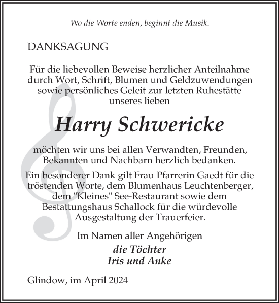 Traueranzeige von Harry Schwericke von Märkischen Allgemeine Zeitung