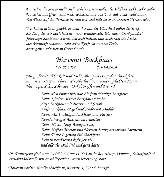 Traueranzeige von Hartmut Backhaus von Ostsee-Zeitung GmbH