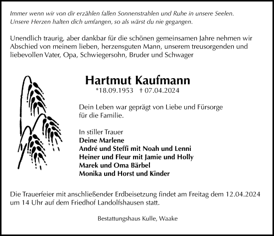 Traueranzeige von Hartmut Kaufmann von Göttinger Tageblatt