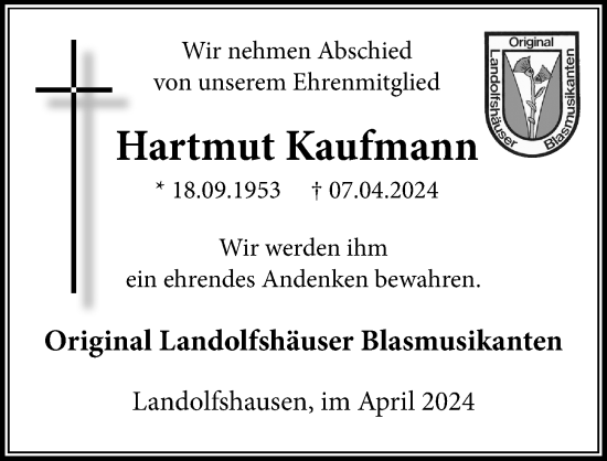 Traueranzeige von Hartmut Kaufmann von Göttinger Tageblatt