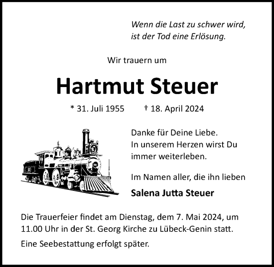 Traueranzeige von Hartmut Steuer von Lübecker Nachrichten