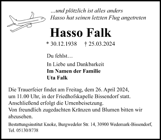 Traueranzeige von Hasso Falk von Hannoversche Allgemeine Zeitung/Neue Presse