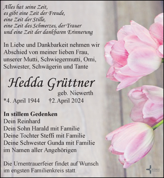 Traueranzeige von Hedda Grüttner von Leipziger Volkszeitung