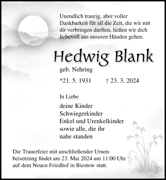 Traueranzeige von Hedwig Blank von Ostsee-Zeitung GmbH