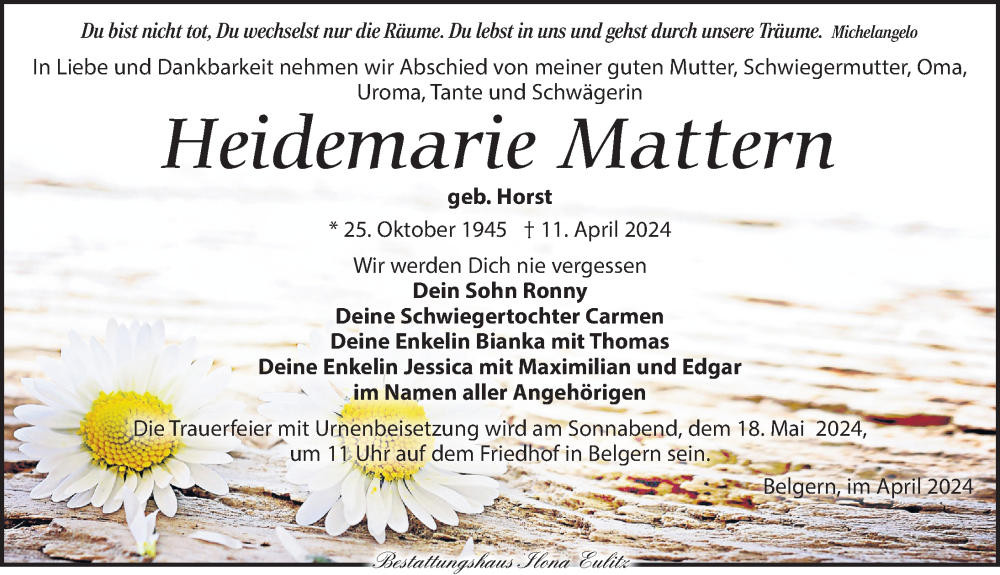  Traueranzeige für Heidemarie Mattern vom 20.04.2024 aus Torgauer Zeitung