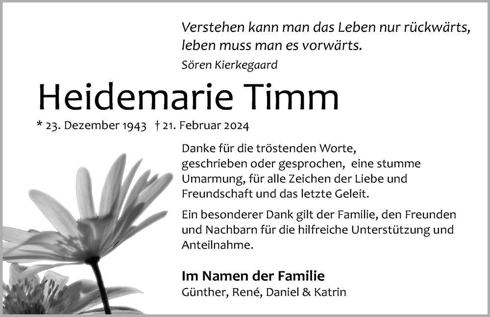  Traueranzeige für Heidemarie Timm vom 06.04.2024 aus Ostsee-Zeitung GmbH
