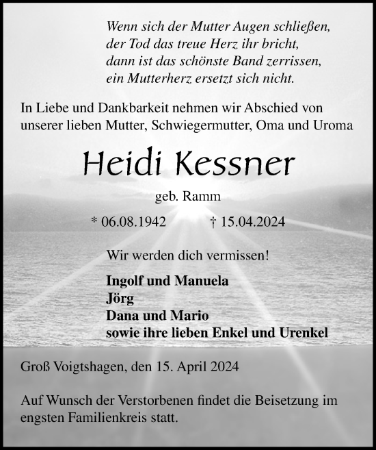Traueranzeige von Heidi Kessner von Ostsee-Zeitung GmbH