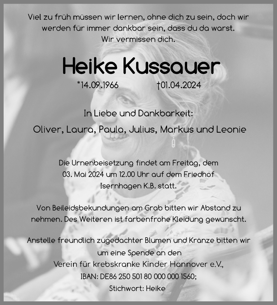  Traueranzeige für Heike Kussauer vom 27.04.2024 aus Hannoversche Allgemeine Zeitung/Neue Presse