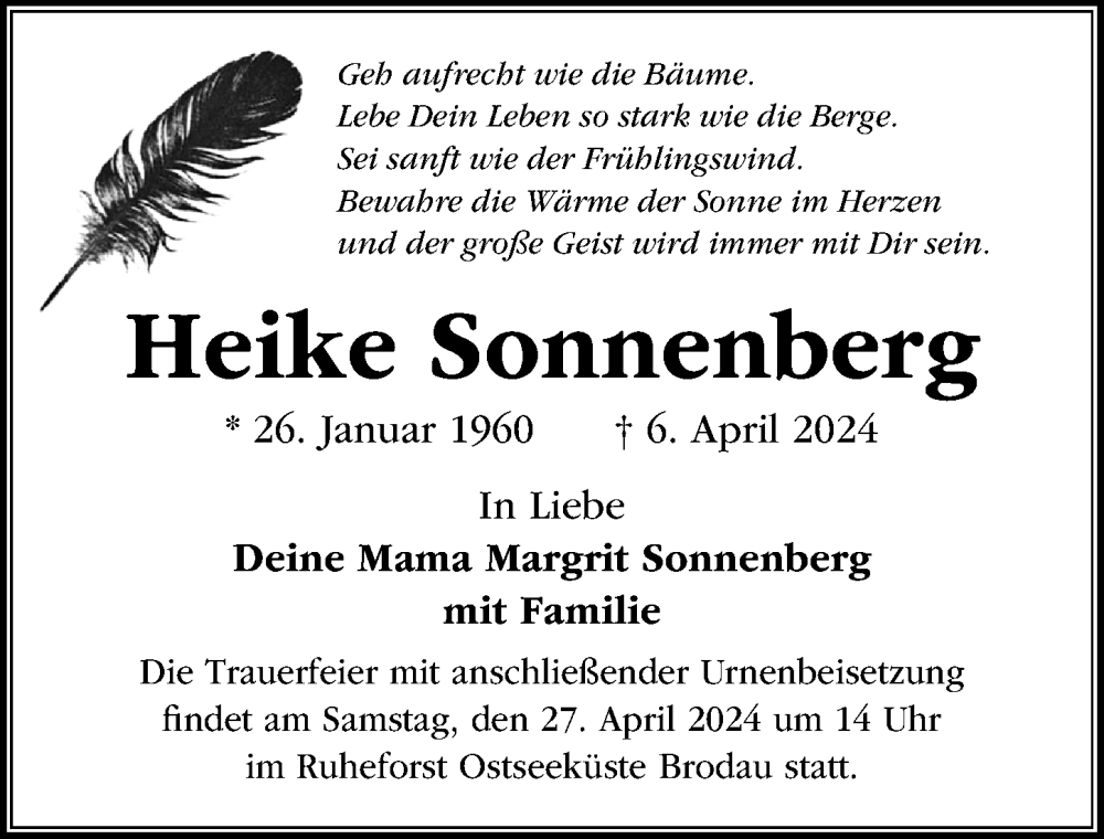  Traueranzeige für Heike Sonnenberg vom 13.04.2024 aus Peiner Allgemeine Zeitung