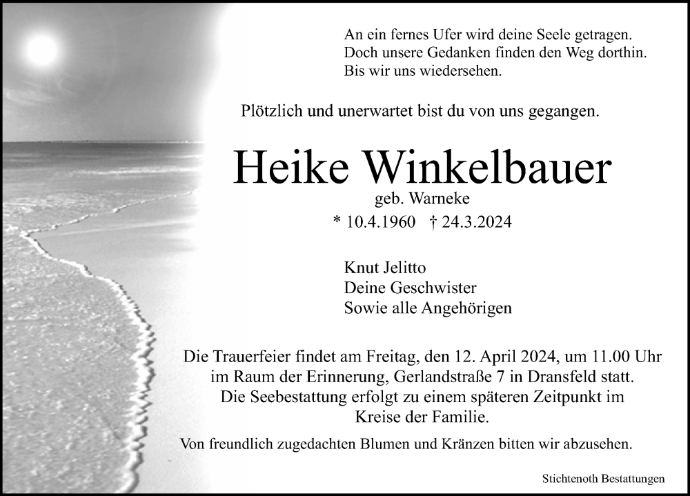  Traueranzeige für Heike Winkelbauer vom 06.04.2024 aus Göttinger Tageblatt