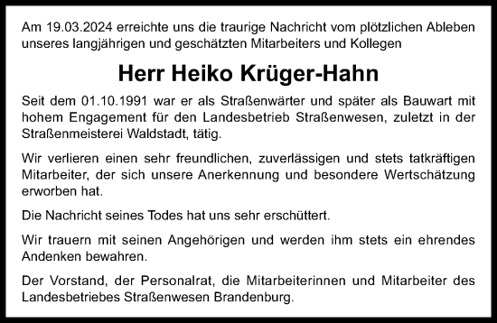 Traueranzeige von Heiko Krüger-Hahn von Märkischen Allgemeine Zeitung