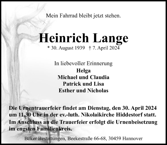 Traueranzeige von Heinrich Lange von Hannoversche Allgemeine Zeitung/Neue Presse